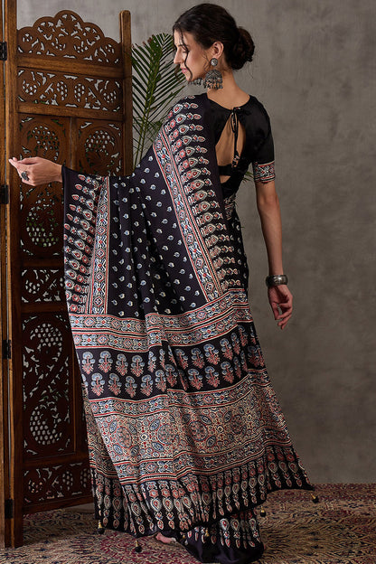 Admirable Black Ajrakh Printed Semi Modal Silk Saree With Lagniappe Blouse Piece