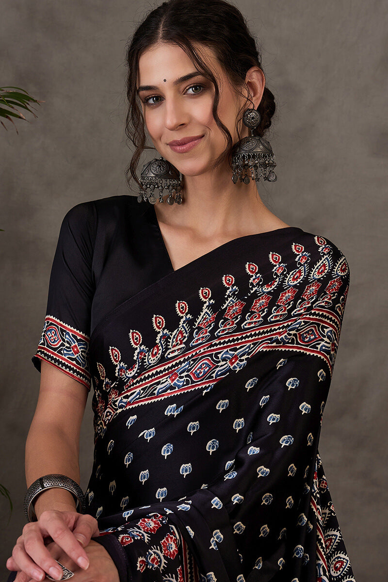 Admirable Black Ajrakh Printed Semi Modal Silk Saree With Lagniappe Blouse Piece