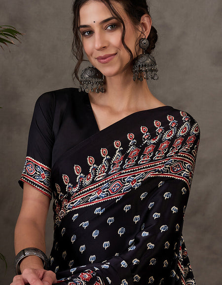 Admirable Black Ajrakh Printed Semi Modal Silk Saree With Lagniappe Blouse Piece