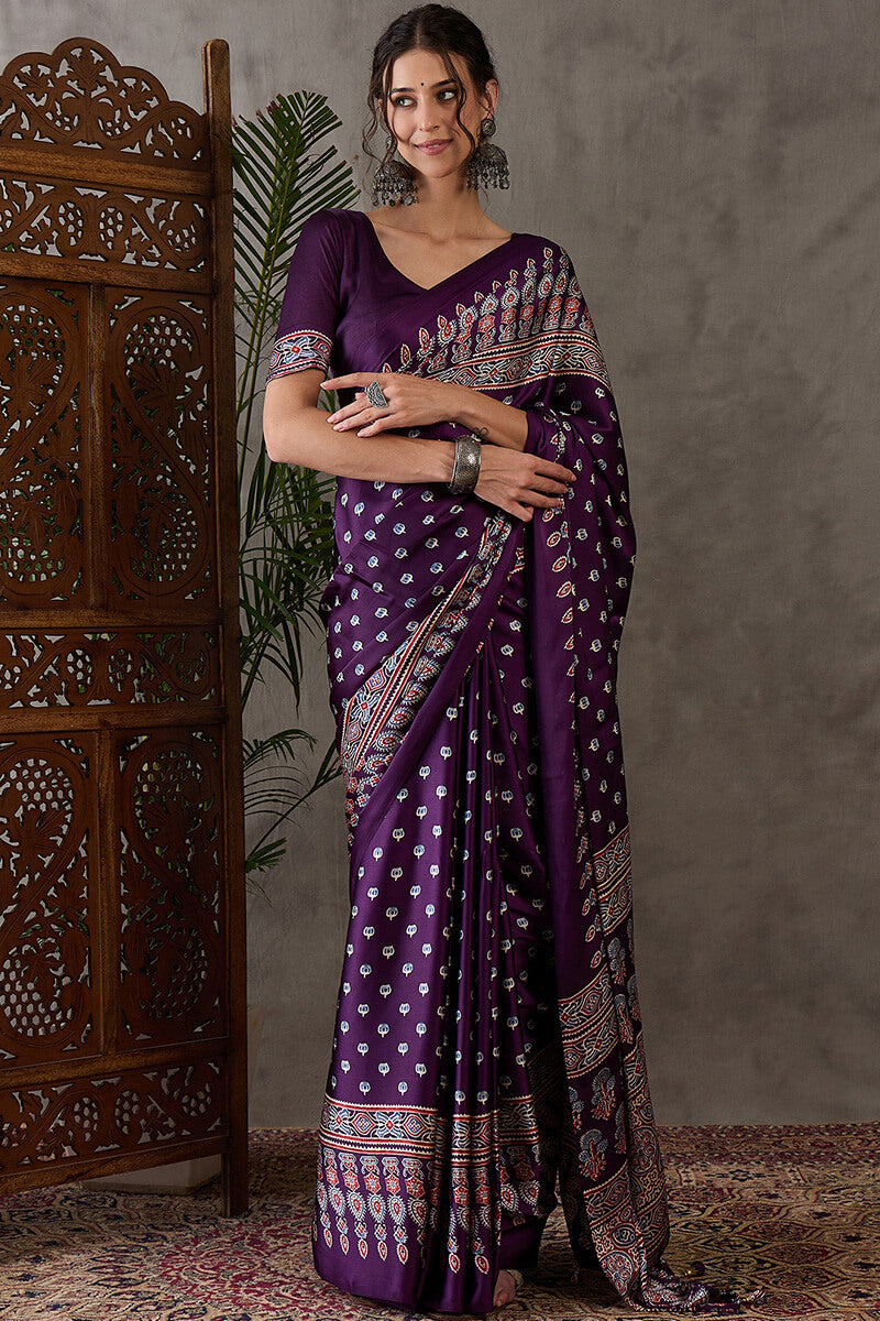 Eclat Purple Ajrakh Printed Semi Modal Silk Saree With Incredible Blouse Piece
