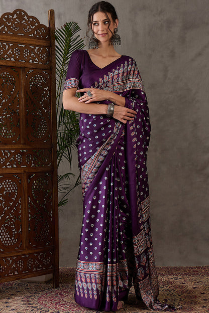 Eclat Purple Ajrakh Printed Semi Modal Silk Saree With Incredible Blouse Piece