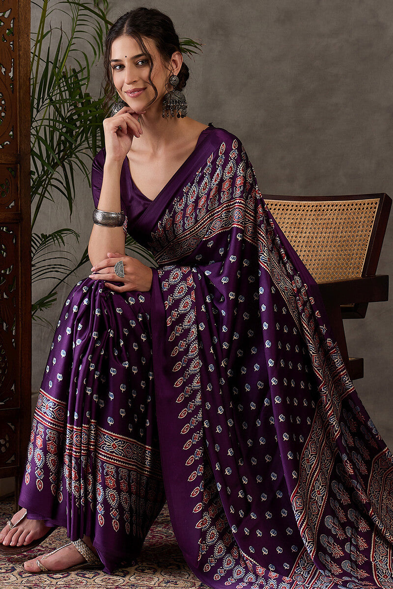 Eclat Purple Ajrakh Printed Semi Modal Silk Saree With Incredible Blouse Piece