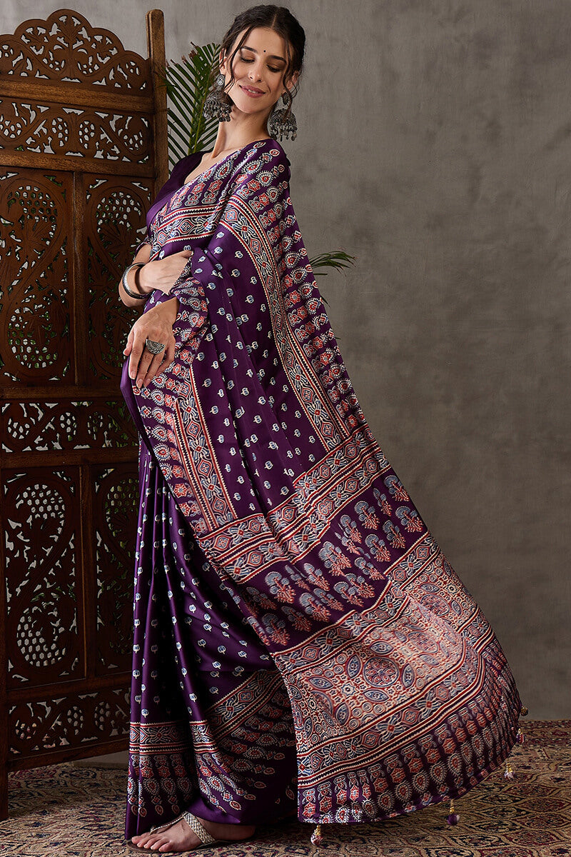 Eclat Purple Ajrakh Printed Semi Modal Silk Saree With Incredible Blouse Piece