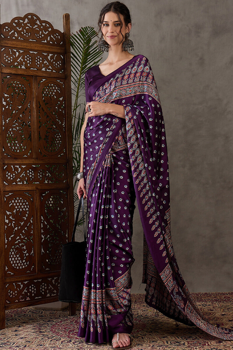 Eclat Purple Ajrakh Printed Semi Modal Silk Saree With Incredible Blouse Piece