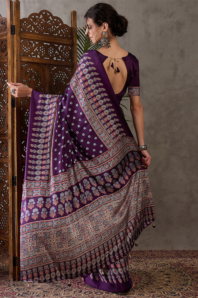 Eclat Purple Ajrakh Printed Semi Modal Silk Saree With Incredible Blouse Piece