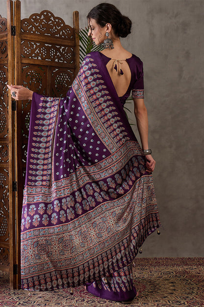 Eclat Purple Ajrakh Printed Semi Modal Silk Saree With Incredible Blouse Piece