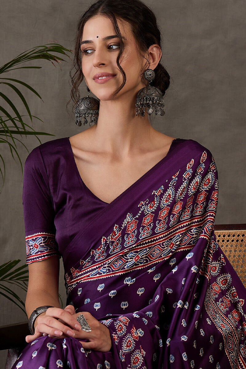Eclat Purple Ajrakh Printed Semi Modal Silk Saree With Incredible Blouse Piece