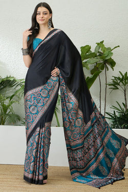 Inspiring Black Ajrakh Printed Semi Modal Silk Saree With Prodigal Blouse Piece