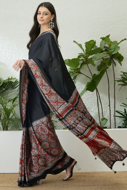 Marvellous Black Ajrakh Printed Semi Modal Silk Saree With Gratifying Blouse Piece