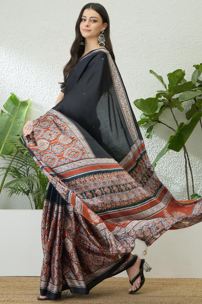Invaluable Black Ajrakh Printed Semi Modal Silk Saree With Jazzy Blouse Piece