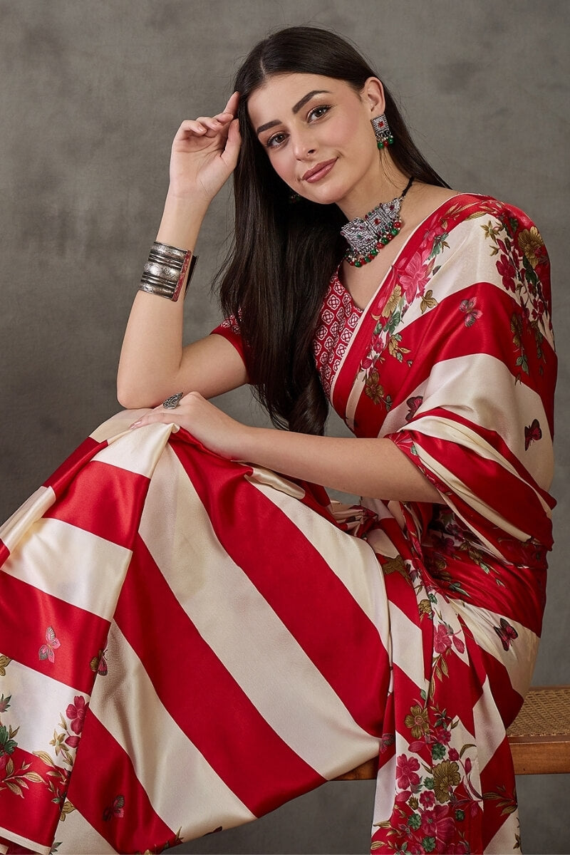 Pretty Red Ajrakh Printed Semi Modal Silk Saree With Impressive Blouse Piece