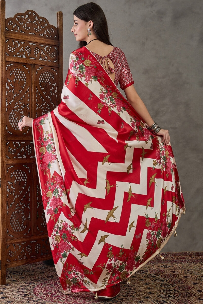Pretty Red Ajrakh Printed Semi Modal Silk Saree With Impressive Blouse Piece