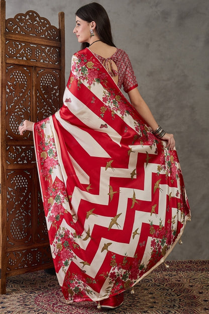 Pretty Red Ajrakh Printed Semi Modal Silk Saree With Impressive Blouse Piece