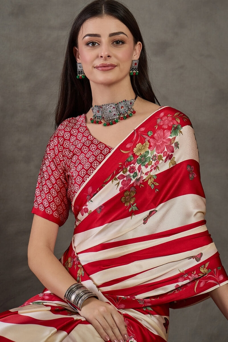 Pretty Red Ajrakh Printed Semi Modal Silk Saree With Impressive Blouse Piece