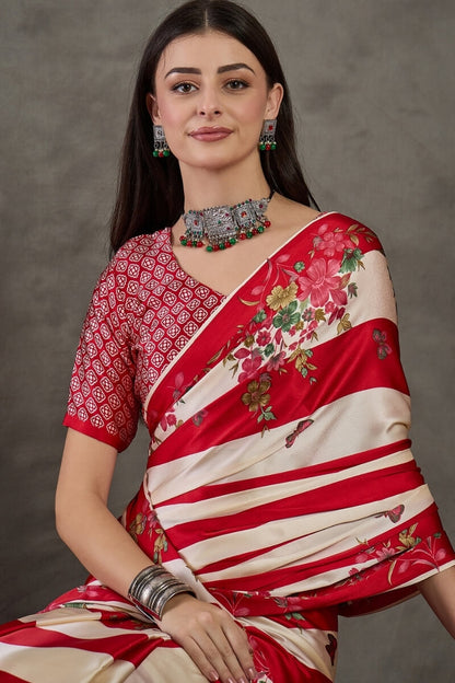 Pretty Red Ajrakh Printed Semi Modal Silk Saree With Impressive Blouse Piece