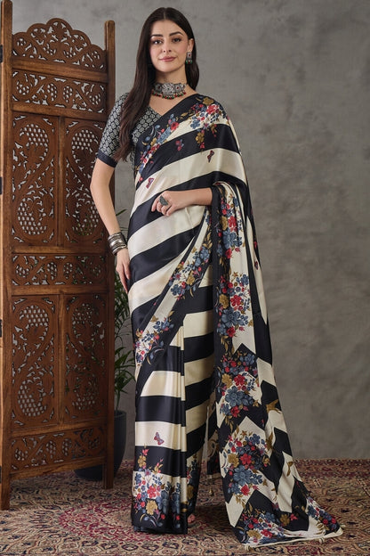 Fairytale Black Ajrakh Printed Semi Modal Silk Saree With Embrocation Blouse Piece