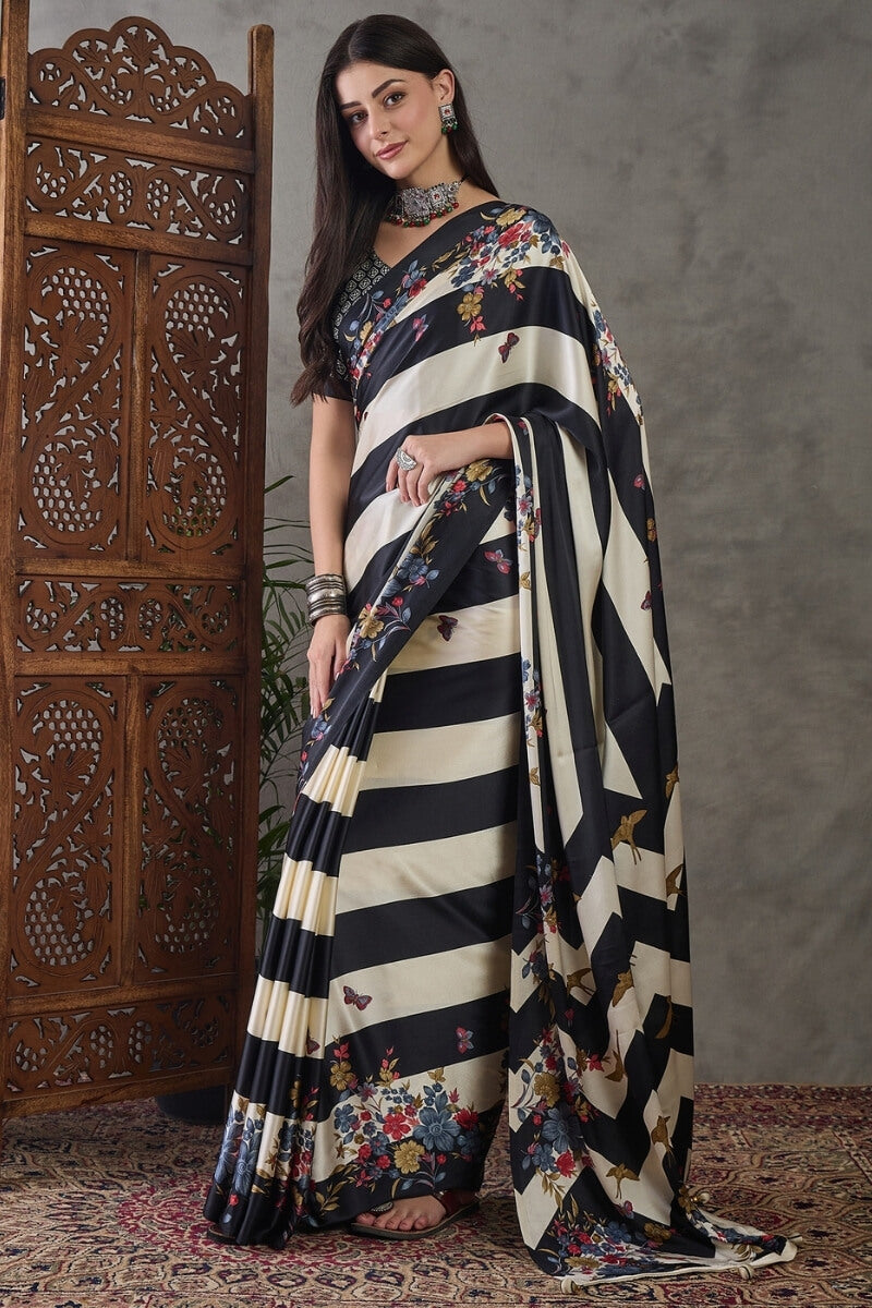 Fairytale Black Ajrakh Printed Semi Modal Silk Saree With Embrocation Blouse Piece