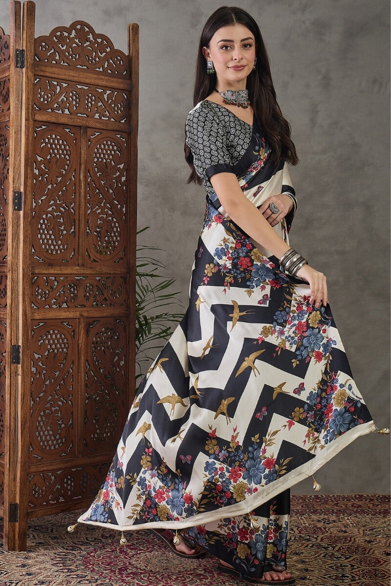 Fairytale Black Ajrakh Printed Semi Modal Silk Saree With Embrocation Blouse Piece