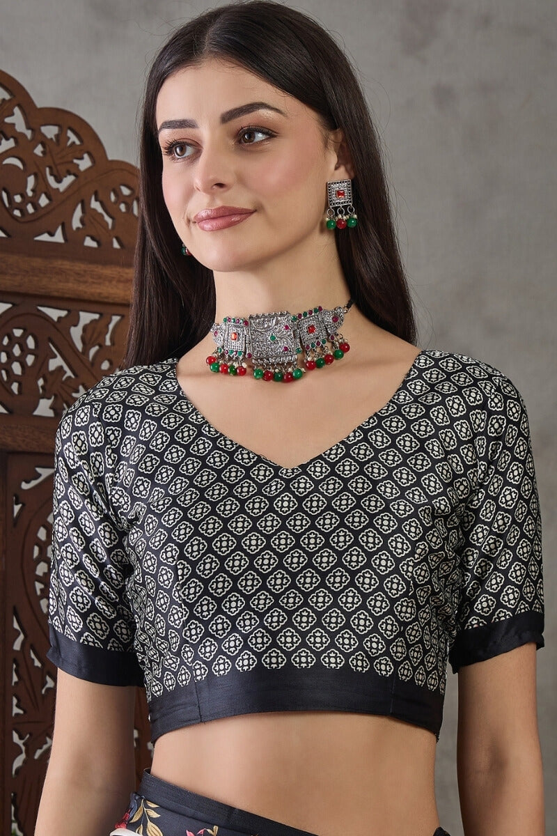 Fairytale Black Ajrakh Printed Semi Modal Silk Saree With Embrocation Blouse Piece