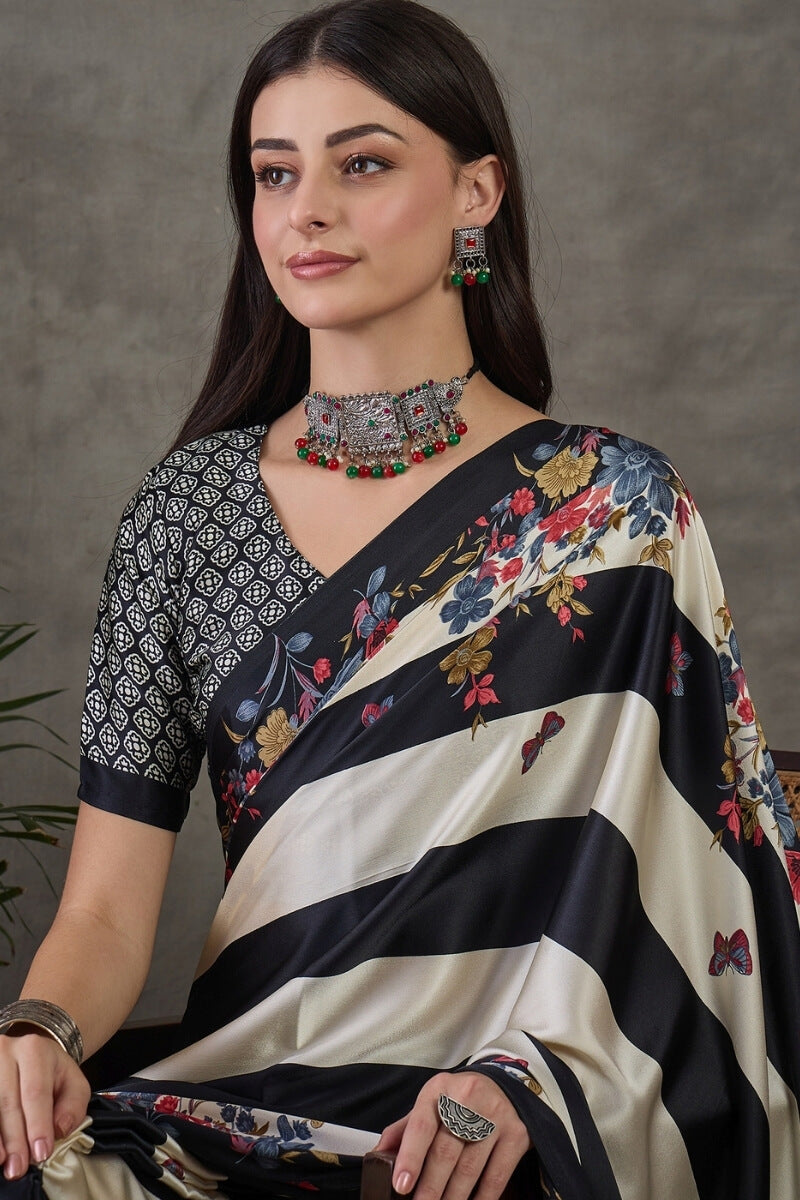 Fairytale Black Ajrakh Printed Semi Modal Silk Saree With Embrocation Blouse Piece