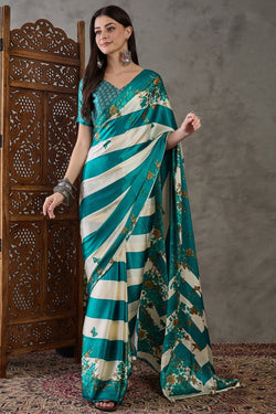 Scintillating Rama Ajrakh Printed Semi Modal Silk Saree With Smashing Blouse Piece