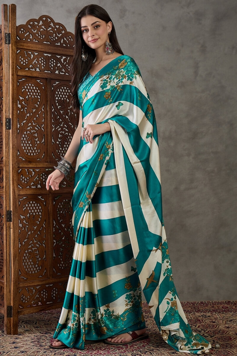 Scintillating Rama Ajrakh Printed Semi Modal Silk Saree With Smashing Blouse Piece
