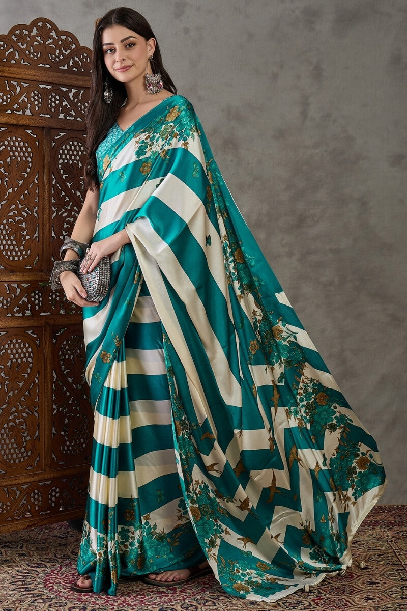 Scintillating Rama Ajrakh Printed Semi Modal Silk Saree With Smashing Blouse Piece