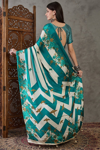 Scintillating Rama Ajrakh Printed Semi Modal Silk Saree With Smashing Blouse Piece