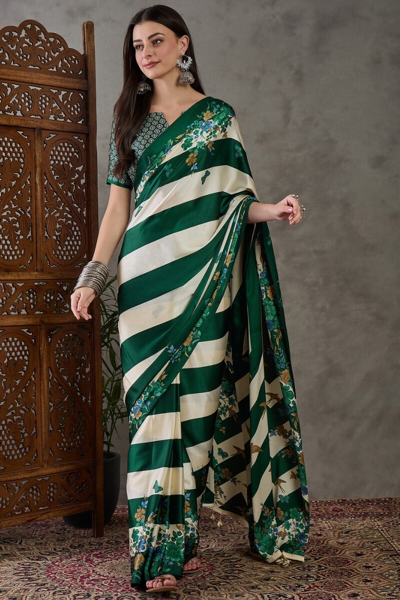 Jubilant Dark Green Ajrakh Printed Semi Modal Silk Saree With Efflorescence Blouse Piece