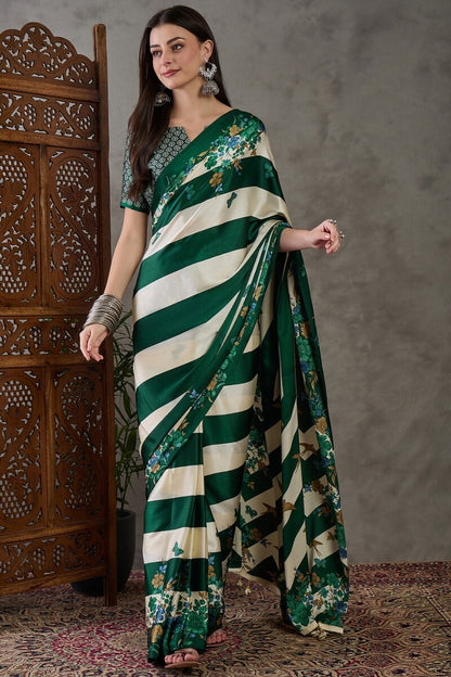 Jubilant Dark Green Ajrakh Printed Semi Modal Silk Saree With Efflorescence Blouse Piece