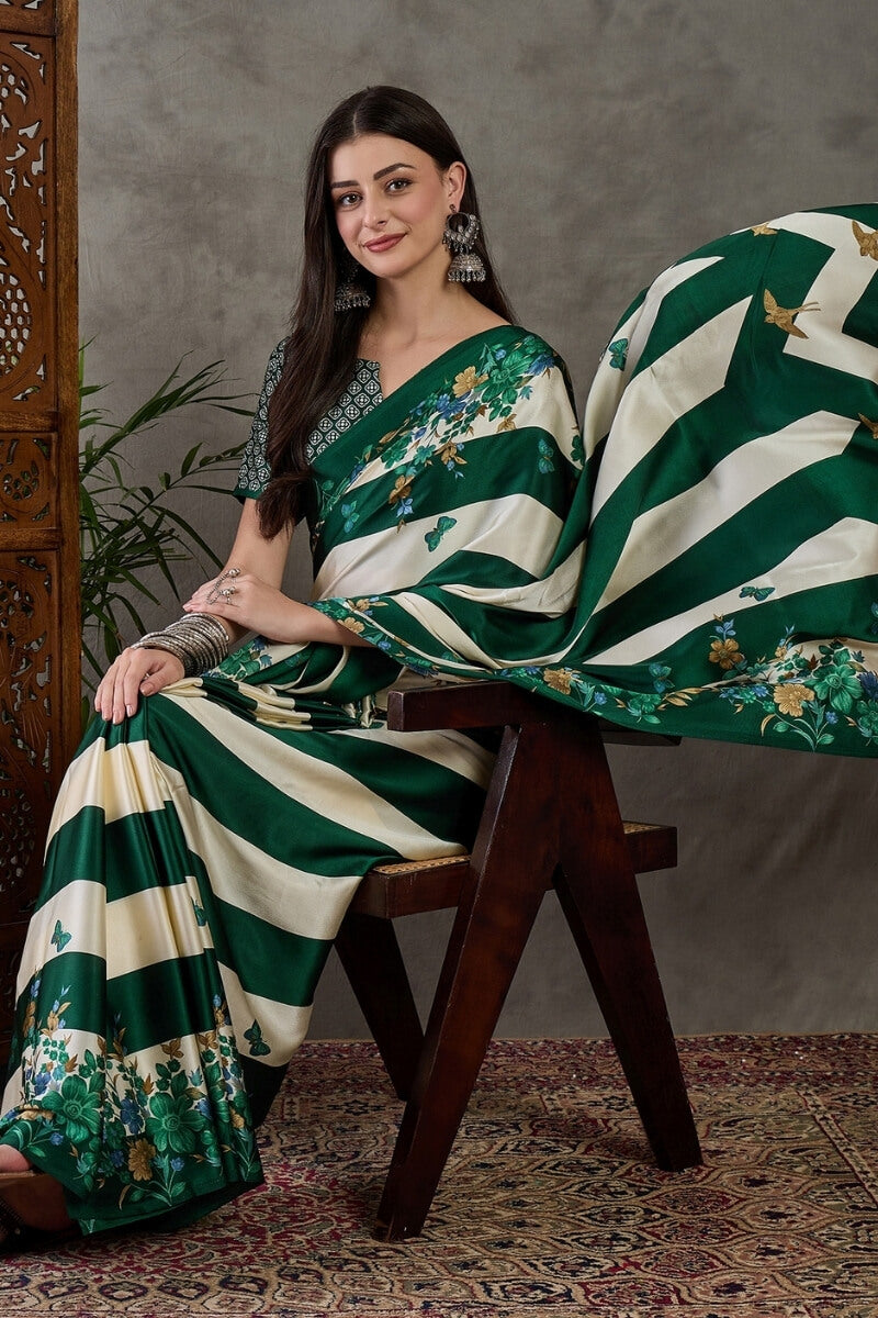 Jubilant Dark Green Ajrakh Printed Semi Modal Silk Saree With Efflorescence Blouse Piece