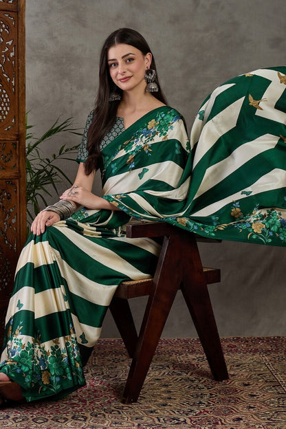 Jubilant Dark Green Ajrakh Printed Semi Modal Silk Saree With Efflorescence Blouse Piece