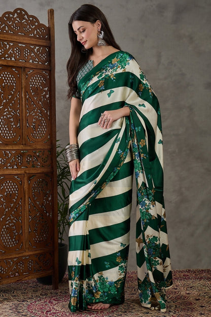 Jubilant Dark Green Ajrakh Printed Semi Modal Silk Saree With Efflorescence Blouse Piece