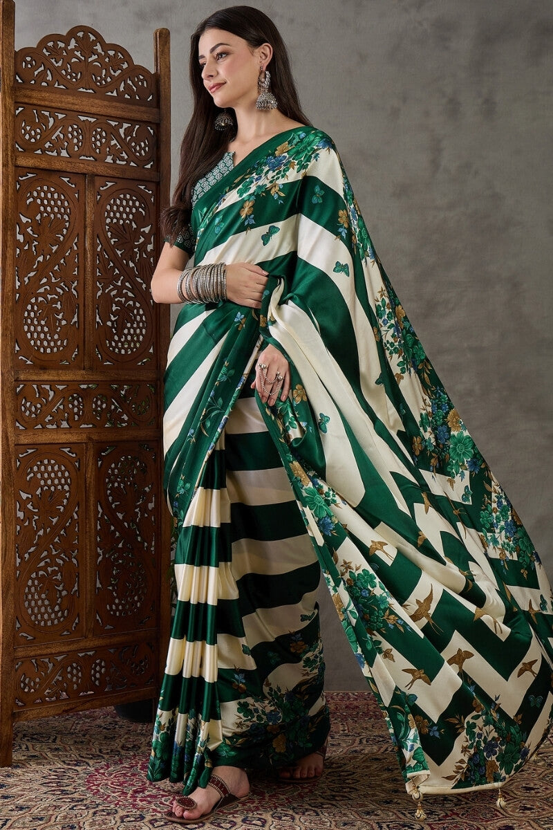 Jubilant Dark Green Ajrakh Printed Semi Modal Silk Saree With Efflorescence Blouse Piece