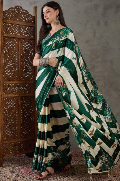 Jubilant Dark Green Ajrakh Printed Semi Modal Silk Saree With Efflorescence Blouse Piece