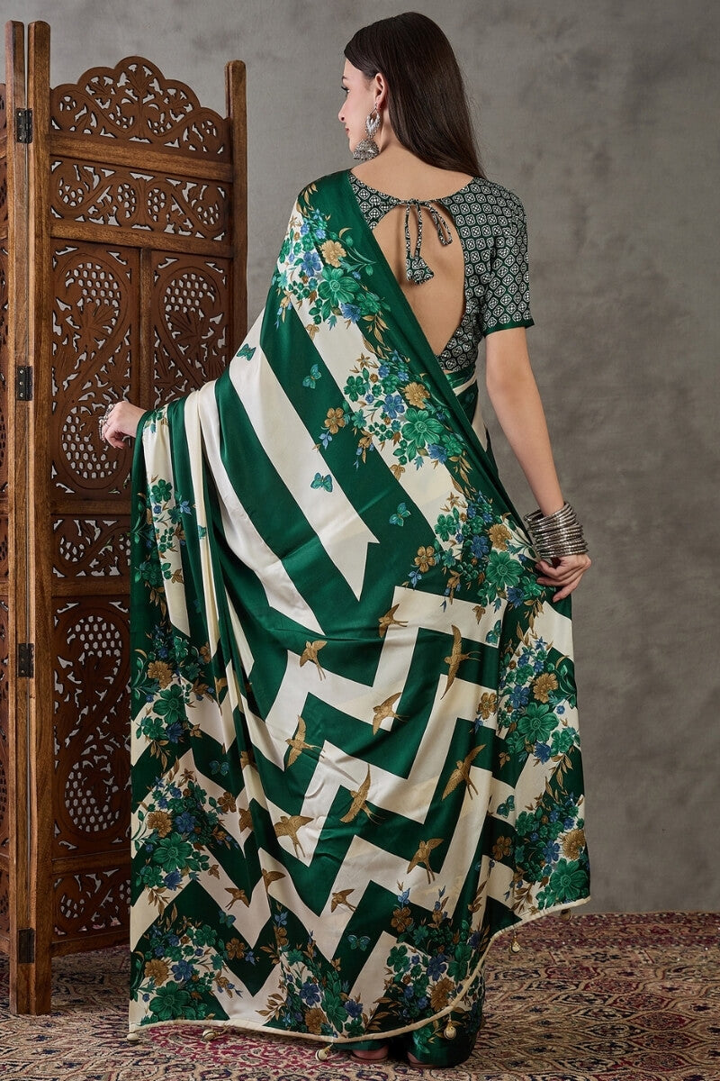 Jubilant Dark Green Ajrakh Printed Semi Modal Silk Saree With Efflorescence Blouse Piece