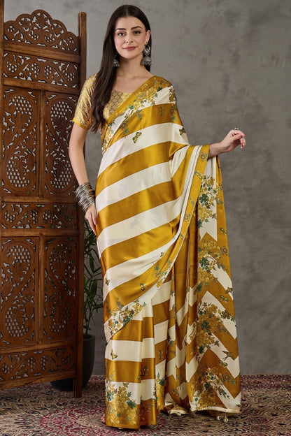 Super extravagant Mustard Ajrakh Printed Semi Modal Silk Saree With Demesne Blouse Piece