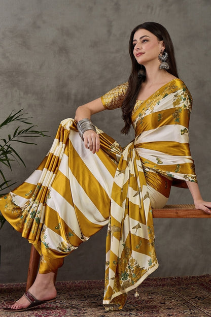 Super extravagant Mustard Ajrakh Printed Semi Modal Silk Saree With Demesne Blouse Piece
