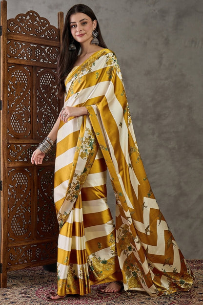 Super extravagant Mustard Ajrakh Printed Semi Modal Silk Saree With Demesne Blouse Piece