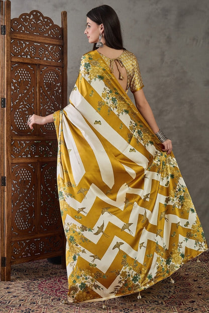 Super extravagant Mustard Ajrakh Printed Semi Modal Silk Saree With Demesne Blouse Piece