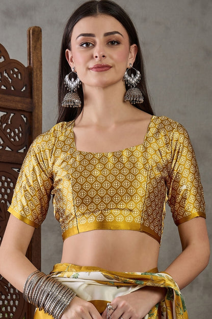 Super extravagant Mustard Ajrakh Printed Semi Modal Silk Saree With Demesne Blouse Piece