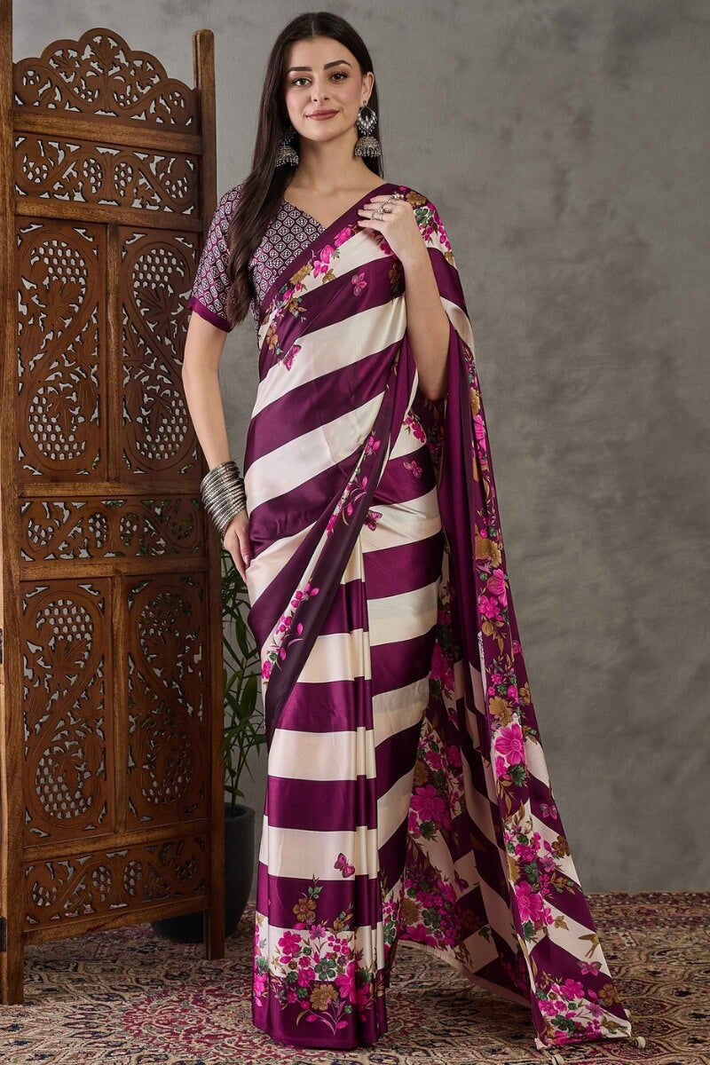 Amazing Purple Ajrakh Printed Semi Modal Silk Saree With Desirable Blouse Piece