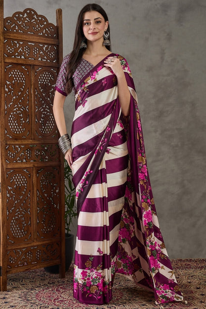 Amazing Purple Ajrakh Printed Semi Modal Silk Saree With Desirable Blouse Piece