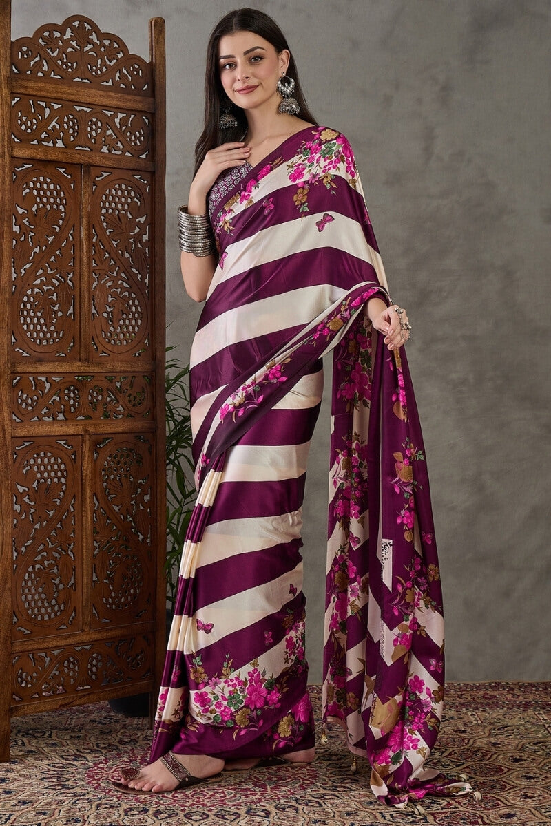 Amazing Purple Ajrakh Printed Semi Modal Silk Saree With Desirable Blouse Piece