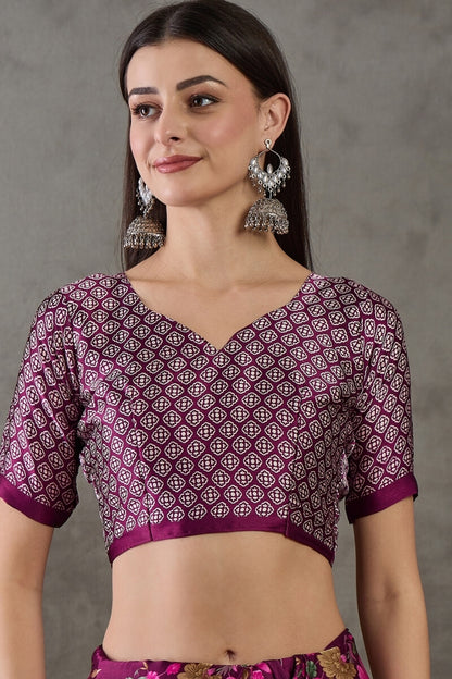 Amazing Purple Ajrakh Printed Semi Modal Silk Saree With Desirable Blouse Piece