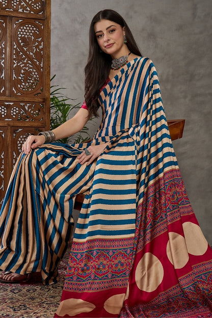 Serendipity Navy Blue Ajrakh Printed Semi Modal Silk Saree With Unique Blouse Piece