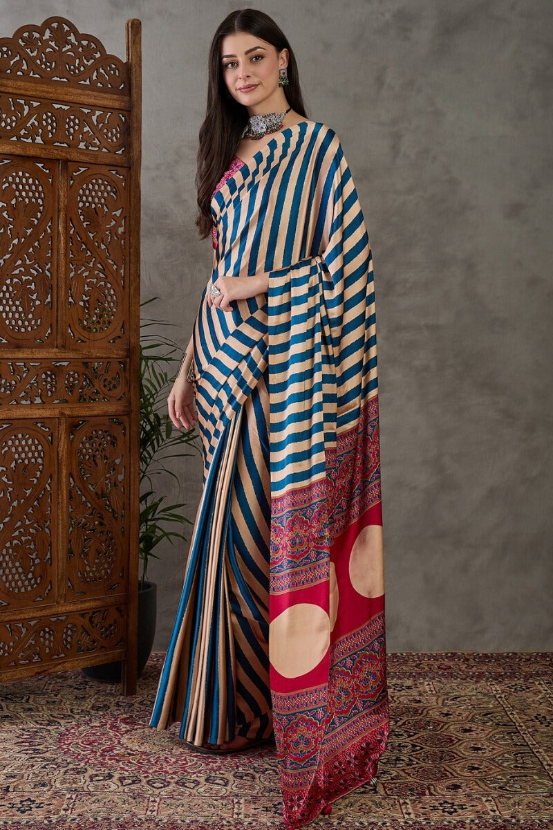 Serendipity Navy Blue Ajrakh Printed Semi Modal Silk Saree With Unique Blouse Piece