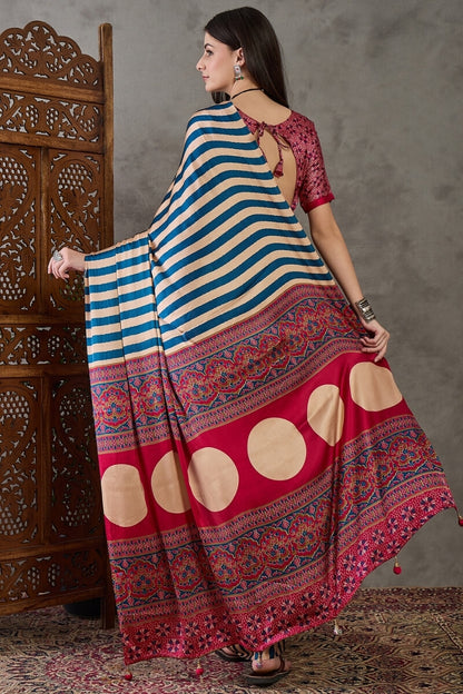 Serendipity Navy Blue Ajrakh Printed Semi Modal Silk Saree With Unique Blouse Piece