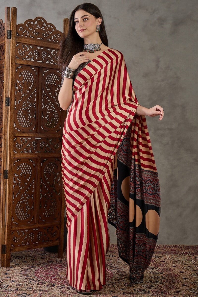 Improbable Red Ajrakh Printed Semi Modal Silk Saree With Exquisite Blouse Piece