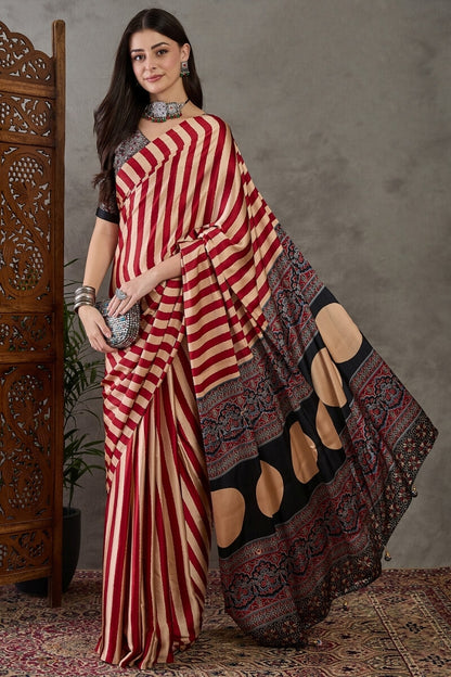 Improbable Red Ajrakh Printed Semi Modal Silk Saree With Exquisite Blouse Piece